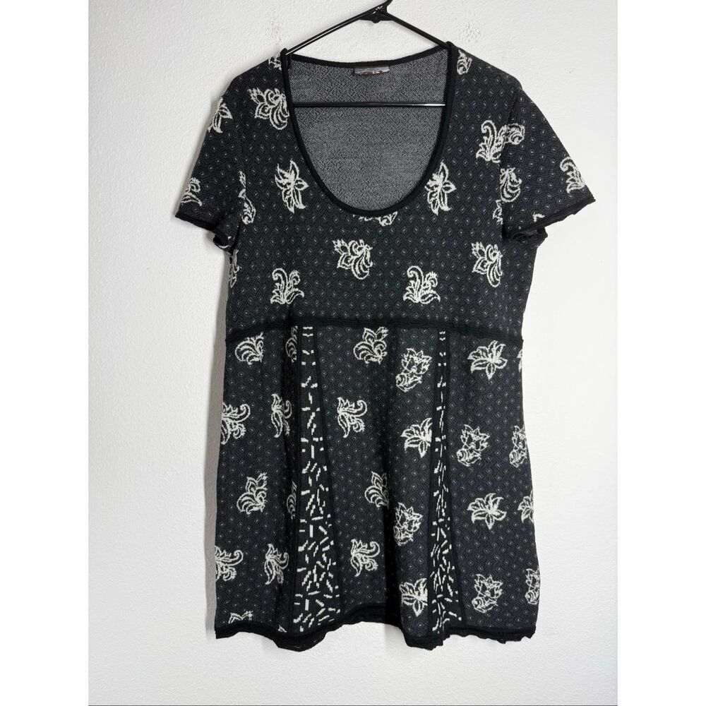 European Boutique Black White Knit Boho Babydoll Tunic Dress Size XL